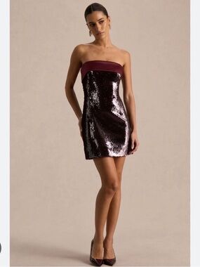 Club London Strapless Sequin Mini Dress in Deep Wine